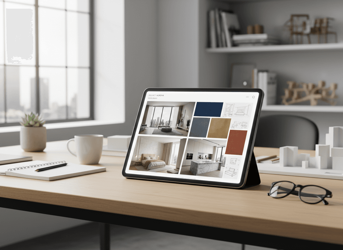 Workspace with design tablet and sketches